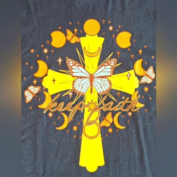 Take That Yellow Cross Keep Faith Sparkle Butterfly Graphic Tee Shirt Black 1X - Picture 3 of 5